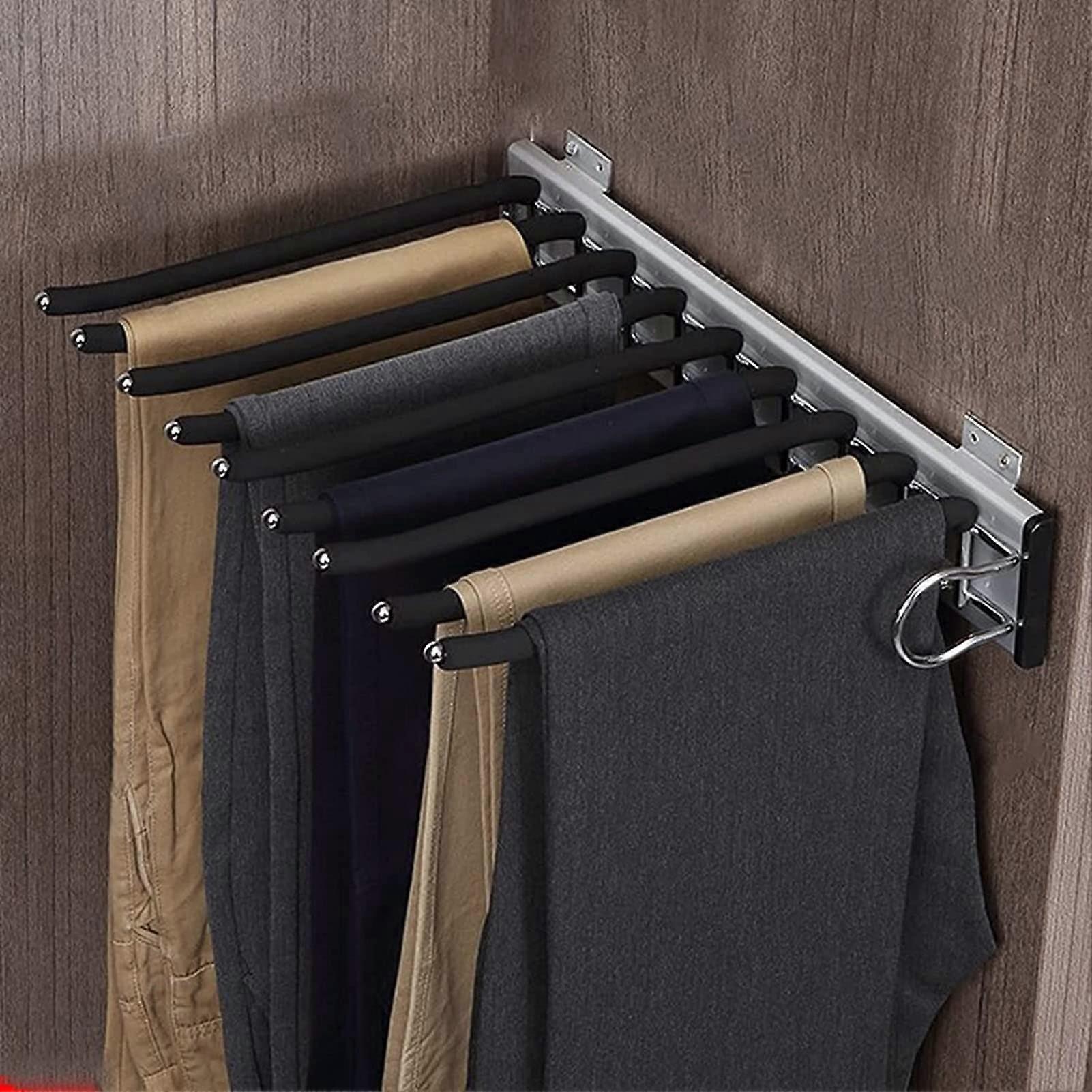 Pull Out Pants Rack with Flocking Rods, Extendable Closet Trouser Organizer for 9 Pairs