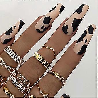 Long Coffin Fake Nails Matte Brown Press On Nails With Cow Print Design Ballerina Full Cover Artificial Nails For Women 24pcs