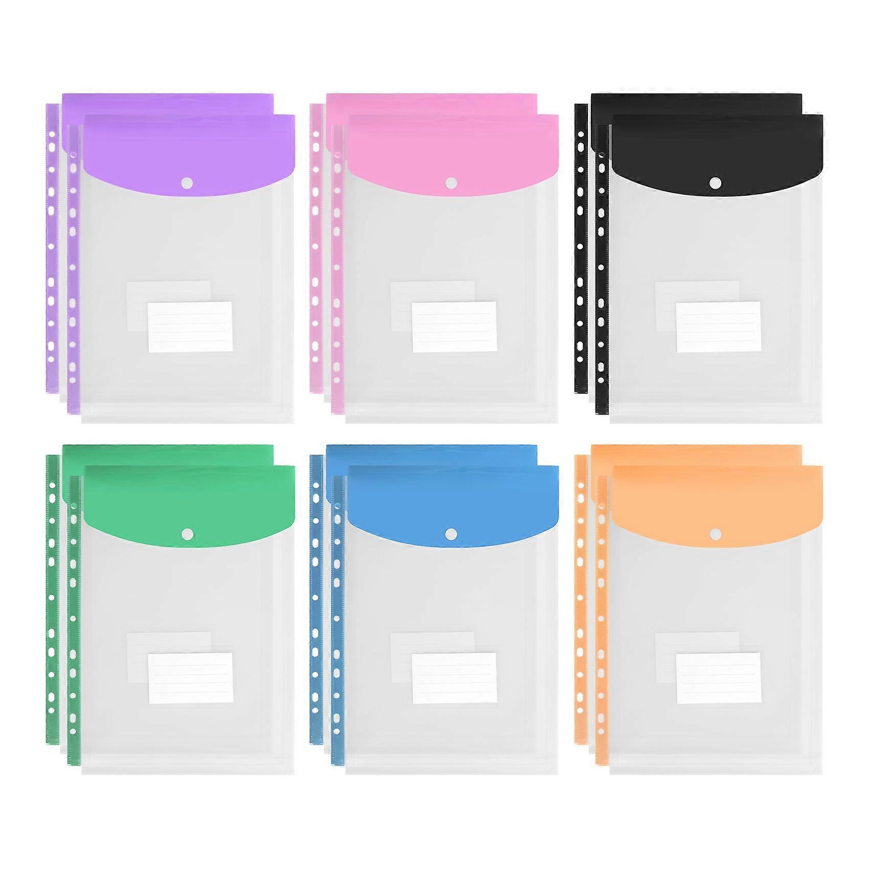12Pack Plastic Envelopes, Binder Pockets for 3/4/11 Ring Binder,Expandable Document Organizer with Snap Button and Label