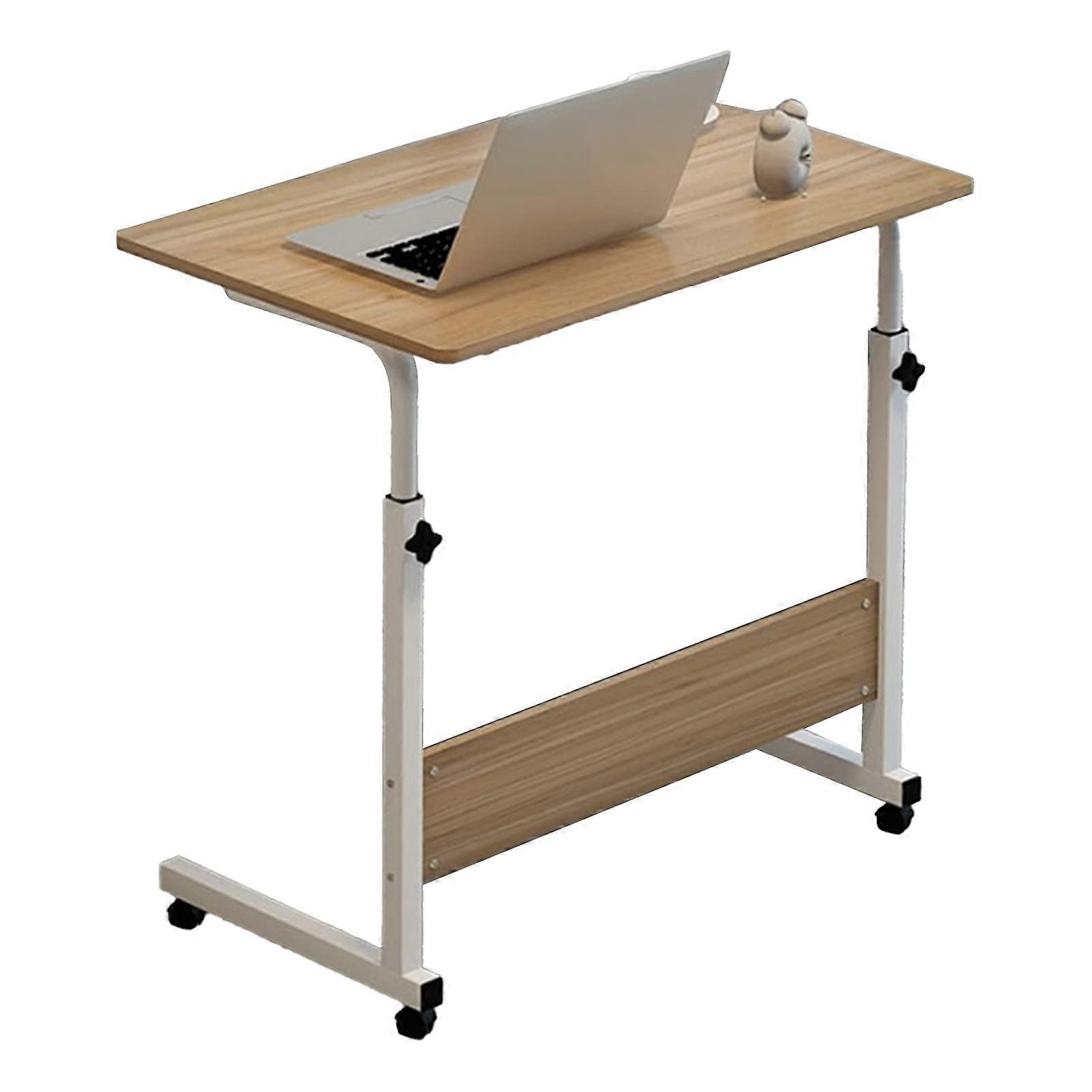 Bedside Laptop Table with Adjustable Height, C Shaped Folding Side Table with Wheels, Wood Finish