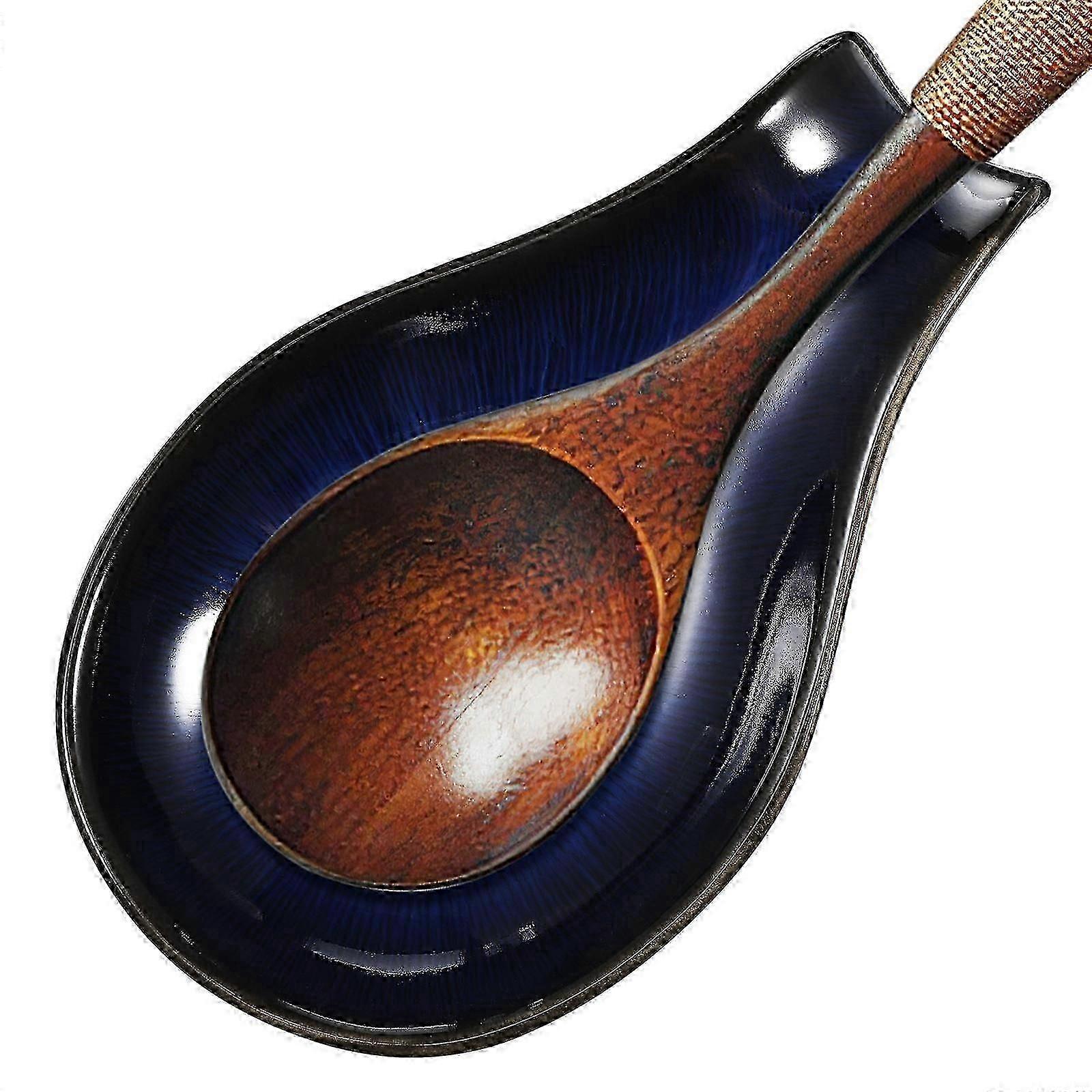 Blue Spoon Rest Ceramic Plate for Serving Snacks in Kitchen