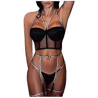 Ladies Sexy Lace Flashing Silver Edge Three-point Lingerie Sexy Pajamas