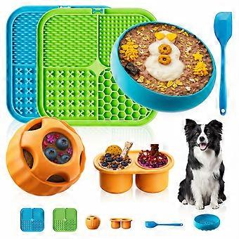 6 Pcs Pet Puzzle Toy Set with Lick Mat, Treat Dispenser Bowl, Treat Dispenser Ball, Freezable Container for Bathing and Grooming - Blue and Green
