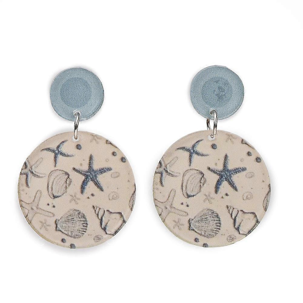 1pair Acrylic Dangle Stud Earrings Flat Round with Starfish Pattern Sky Blue 47x32mm