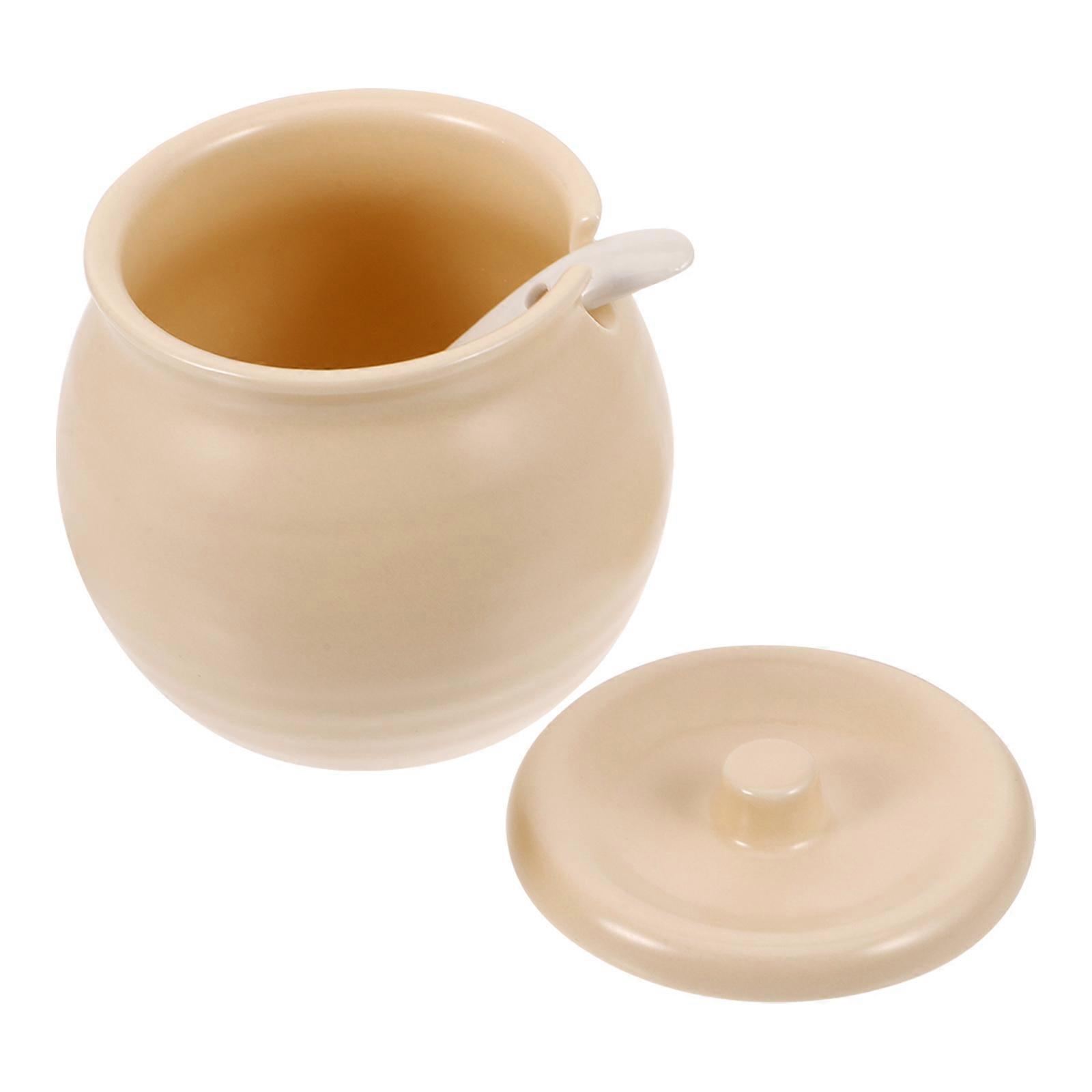 Light Yellow Ceramic Lard Container for Kitchen Use 1Set with Spoon