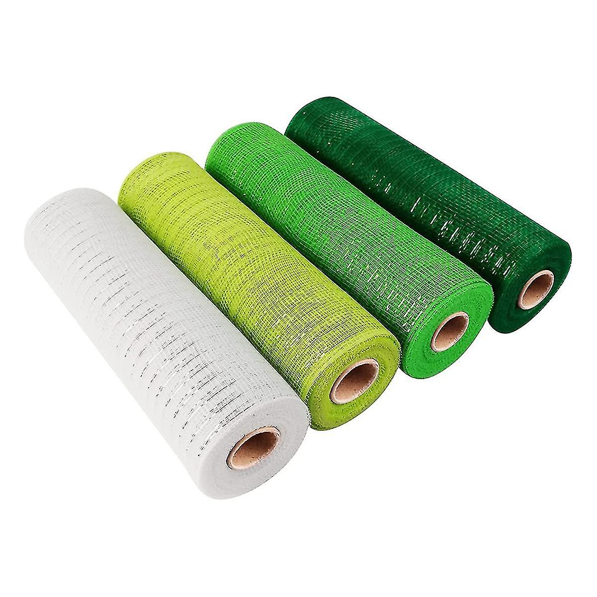 4 Roll St. 's Day Mesh Ribbon, Green White Wired Edge Ribbon 10 Inch X 30 Feet Mesh Ribbon