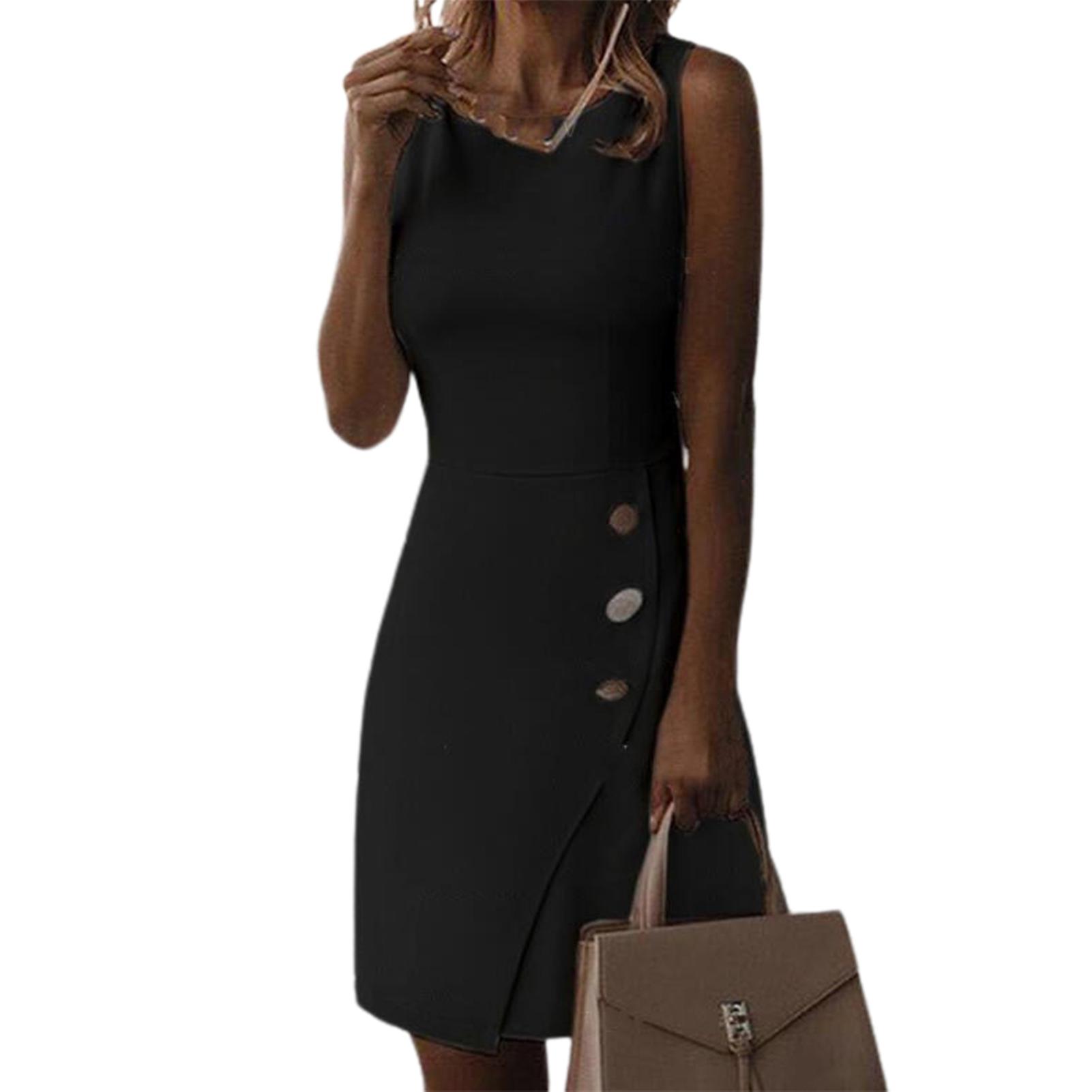 Dress Solid Color Waist Tight Office Lady Buttons Sleeveless Buttons Streetwear for Spring/Summer