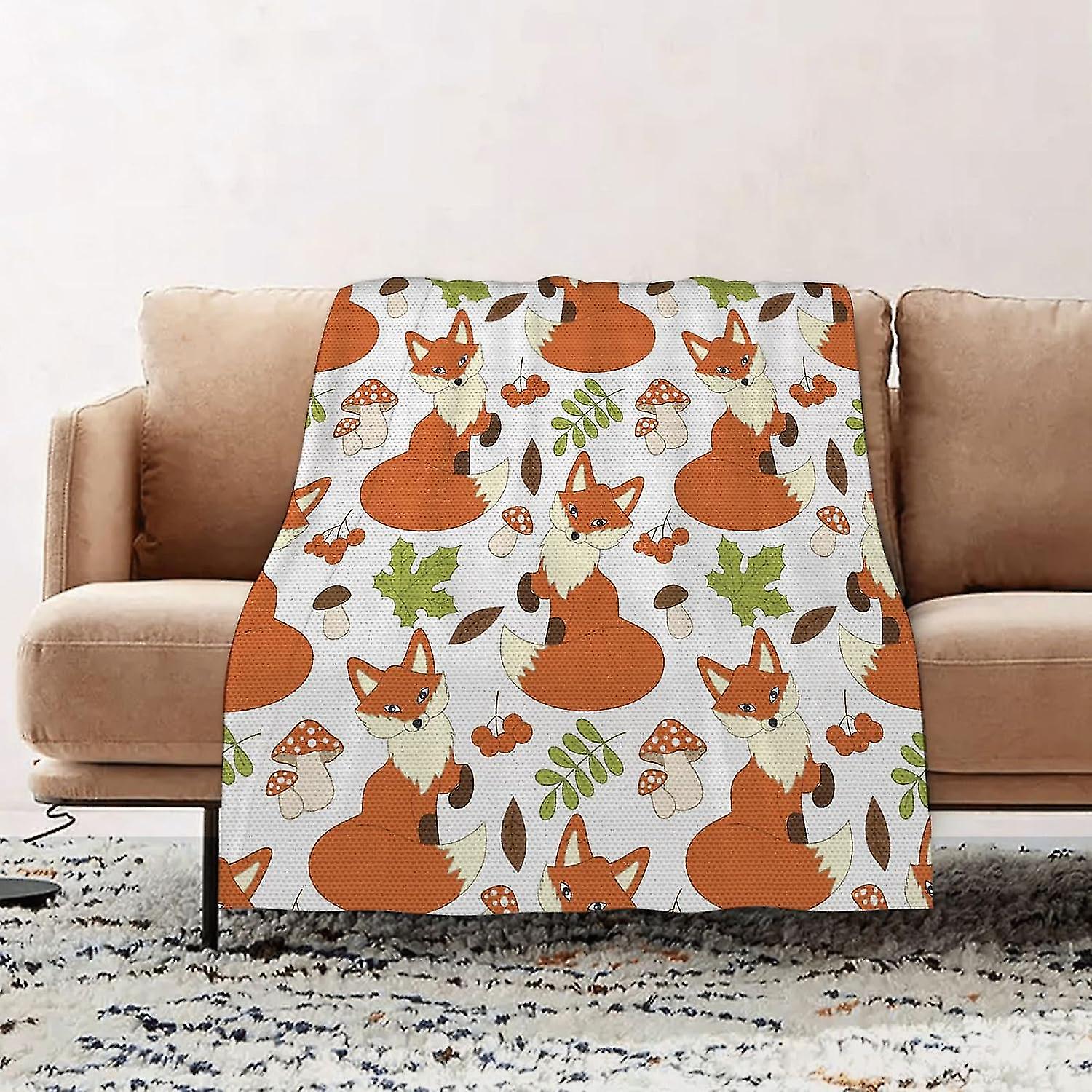 Premium Flannel Throw Blanket - Fox Forest Fauna And Flora With Foxes Nature Leaf And Mushrooms Pattern Flannel Blanket Sofa Throw, Blanket Fluffy Sof