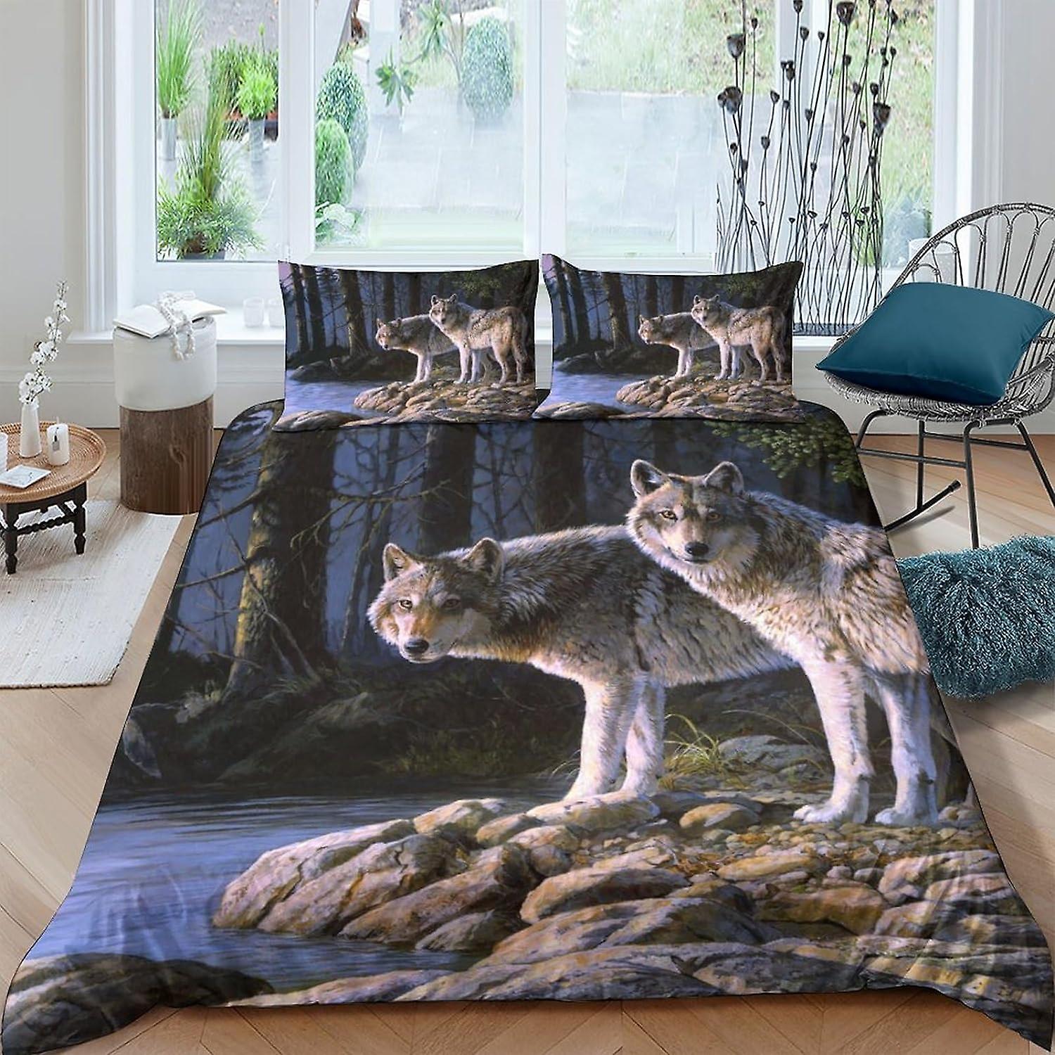 LOUSON Wolf 3D المطبوعة غطاء لحاف مع أكياس وسائد مجموعة الفراش مع سحاب إغلاق هيبوالرجينيك لينة ستوكات غطاء اللحاف مجموعة الملك