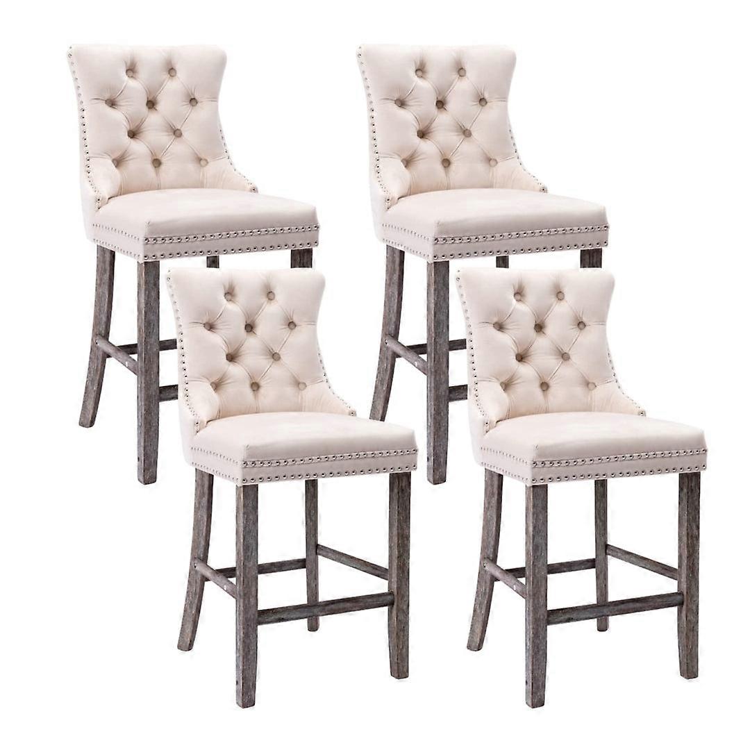 4X Velvet Bar Stools With Studs Trim Legs Tufted Kitchen Dining Chairs