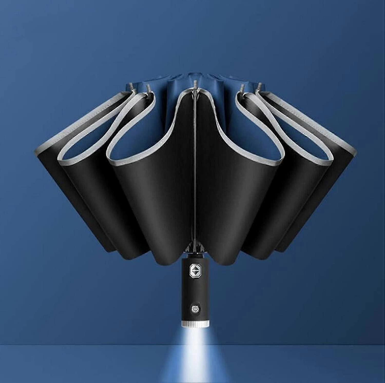 Automatic Opening And Closing Inverted Three-fold Folding Umbrella Reflective Side With Flashlight