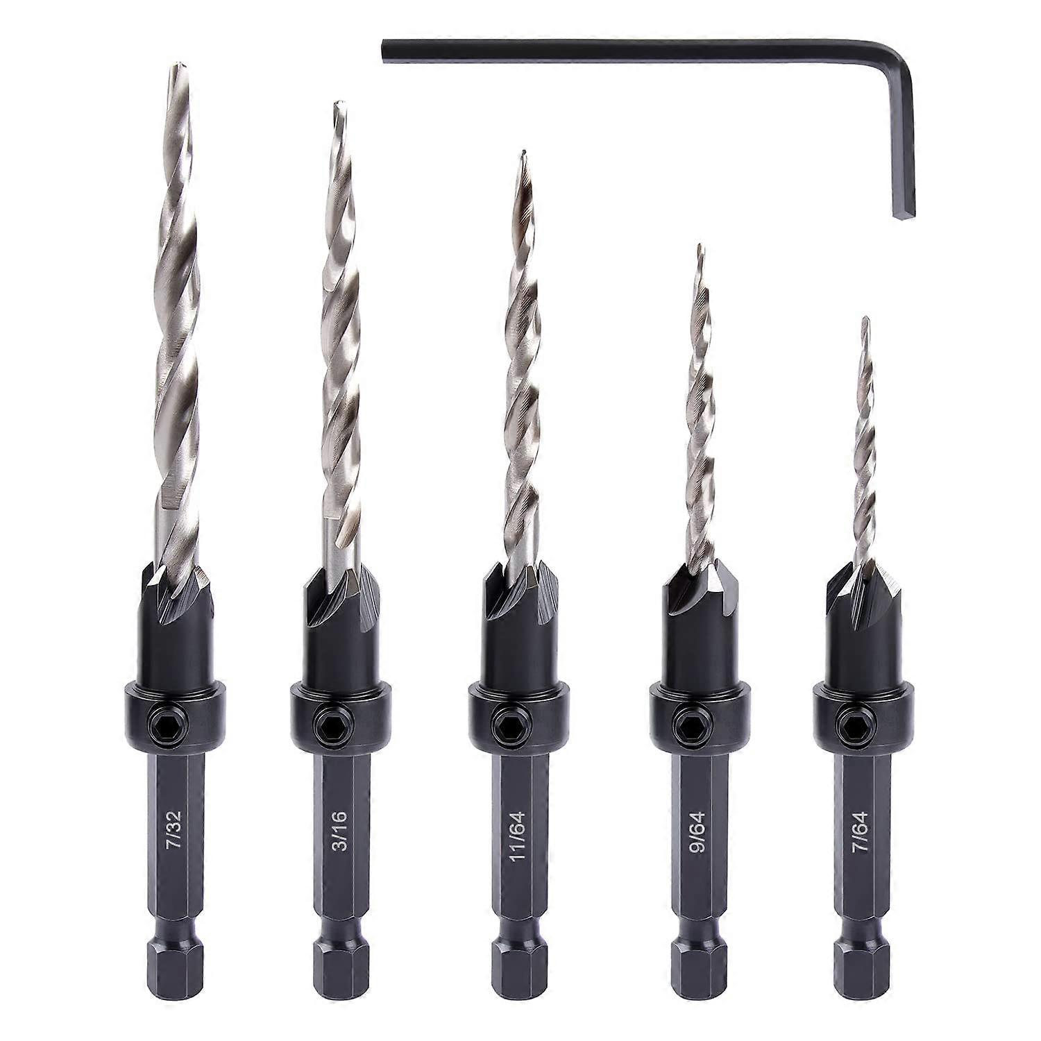 Countersink Drill Bit Set, 5Pcs Tapered Drill Bits M2 HSS, with 1/4" Hex Shank Quick Change and Allen Wrench, Counter Sinker Set for Woodworking and C