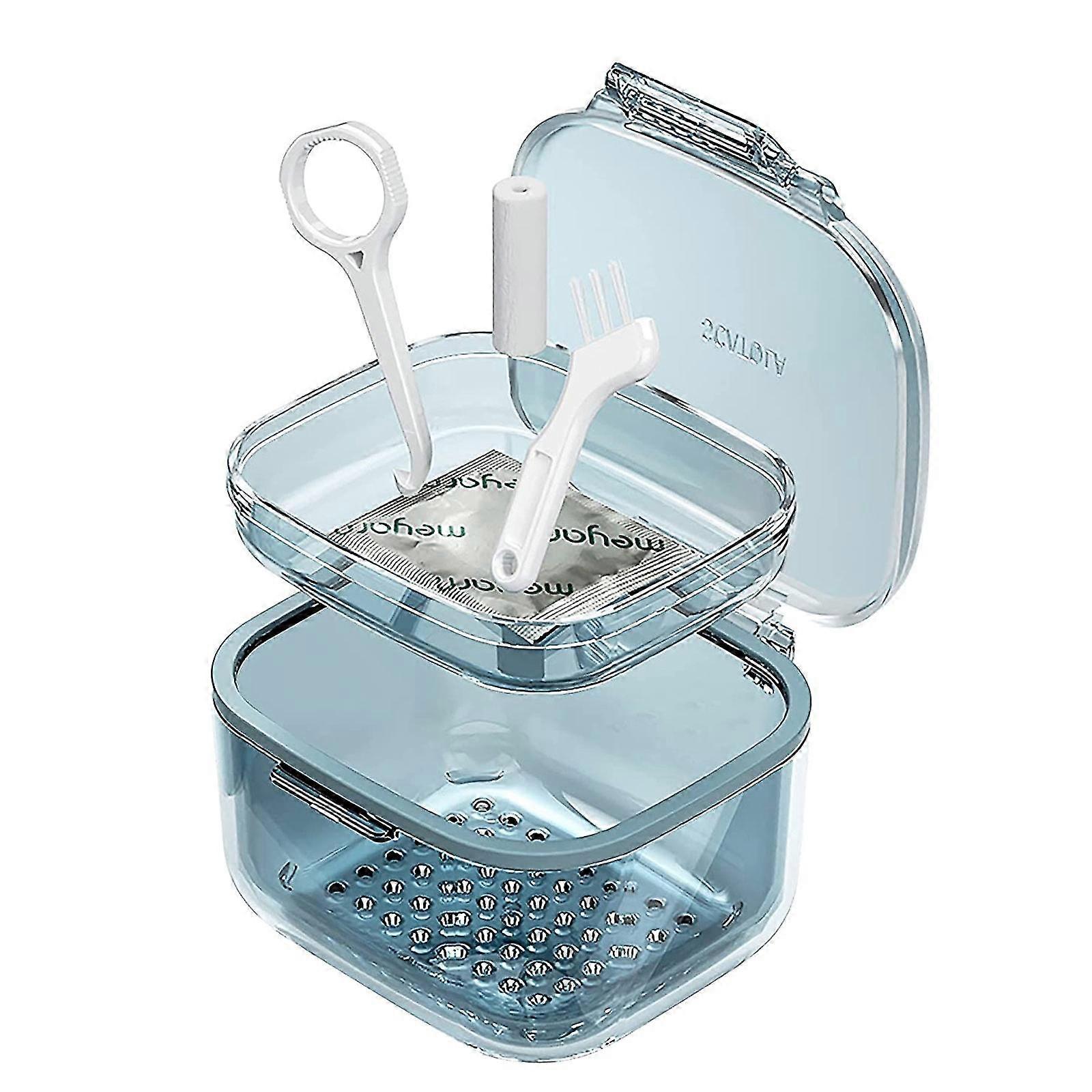 Denture Cleaning Cup Portable Three Layer Aligners Retainers Orthodontic Storage Box with Drain Layer