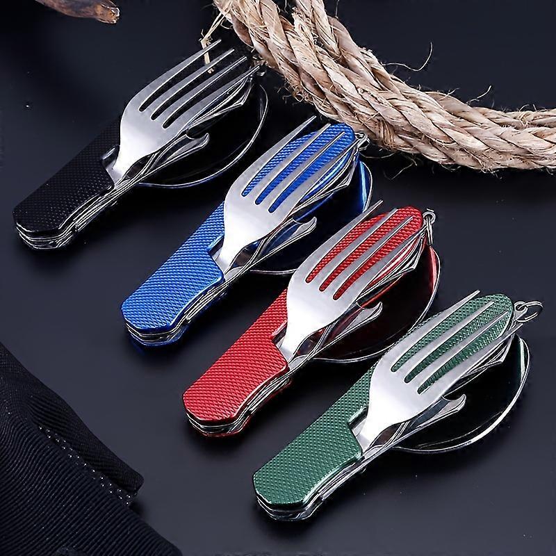 Stainless Steel 4-in-1 Portable Tableware Set - Durable Camping Cutlery with Folding Fork, Spoon, Knife & Bottle Opener - Perfect for Hiking, Survival