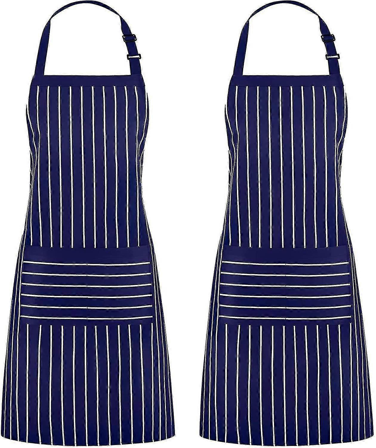 2 Pack Adjustable Bib Pinstripe Apron With 2 Pockets, Unisex Cooking Kitchen Aprons For Chef Couple Bbq Painting, Sea Blue