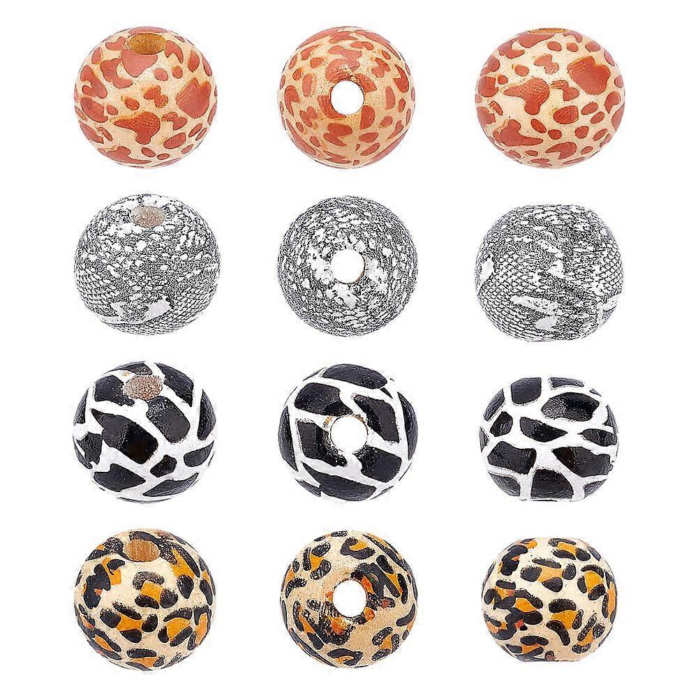 40Pcs 4 Style Printed Natural Wooden Beads Round with Mixed Print Pattern Mixed Color 13x12mm hole: 3mm