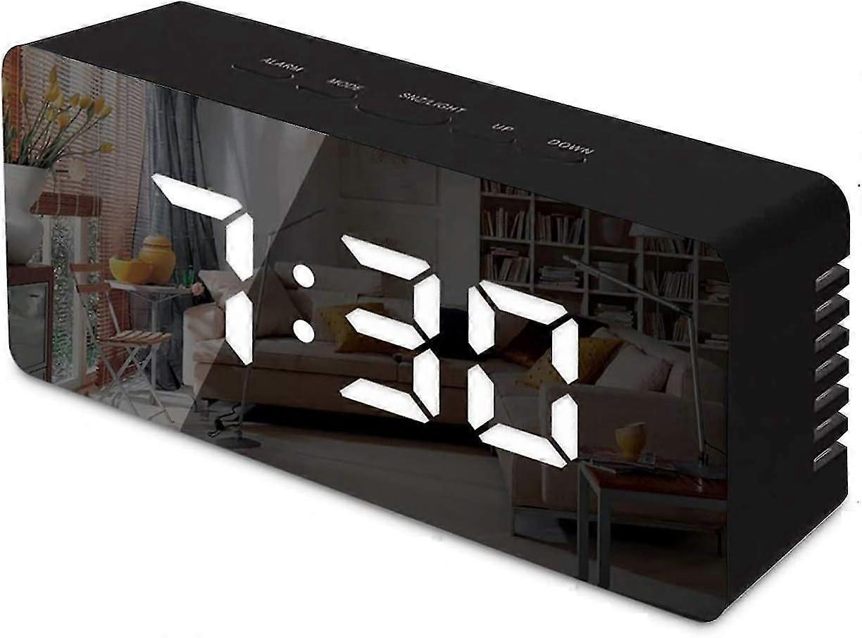 Digital Mirror Alarm, LED Bedside Clock with Temperature,Adjustable Brightness Clock-Black