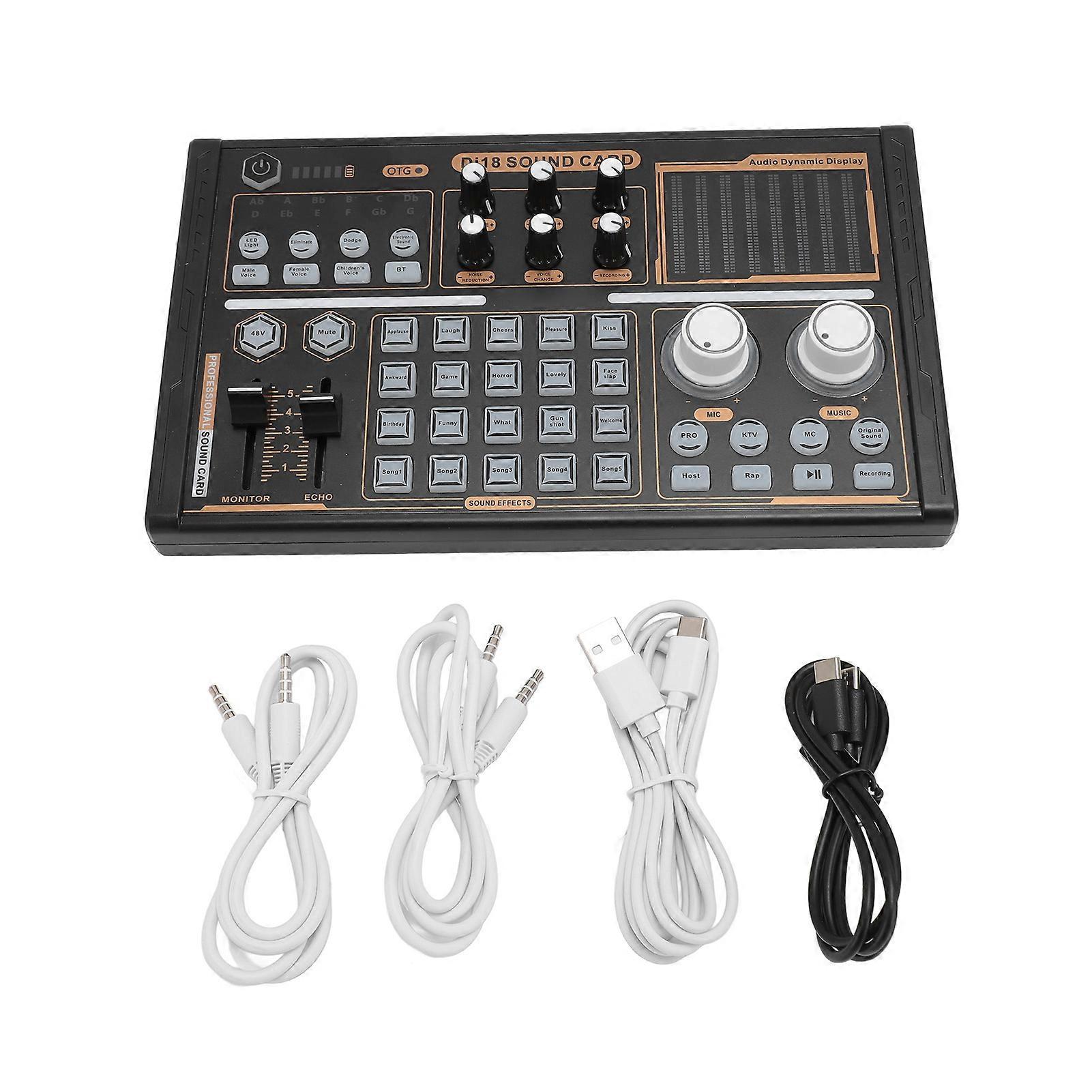 DJ18 Bluetooth Live Sound Card | Multi Effects, Noise Reduction, Colorful Lights, 48V Mic