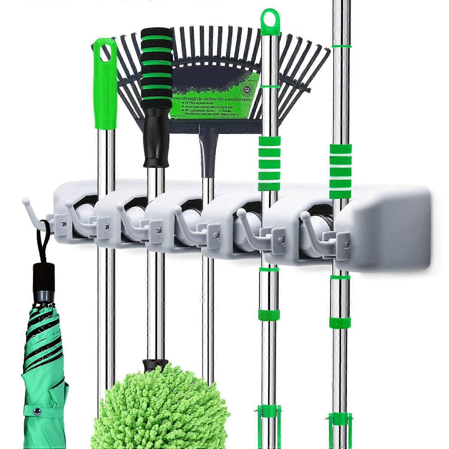 Broom Rack for Home Garden Storage and Organization, Wall-Mounted, Heavy-Duty, Adjustable Steel Hooks, Space-Saving Design