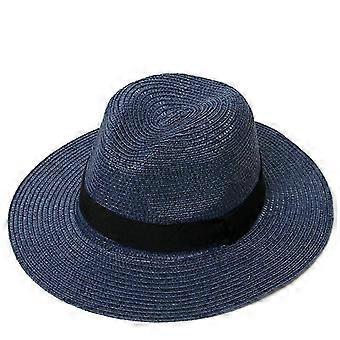 Women's Wide Brimmed Straw Hat, Fedora, Beach Sun Hat Upf50 + (Navy Blue)