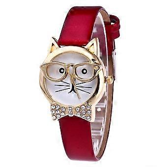 Carino Cat Face Quadrante Rotondo Strass Finto Orologio da polso al quarzo Rosso