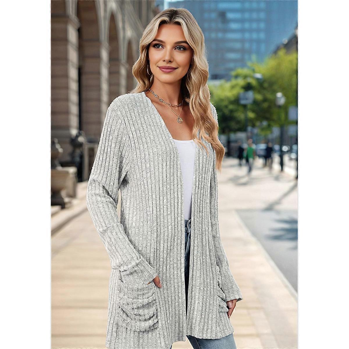Long-Sleeved Knitted Cardigan Light Gray L