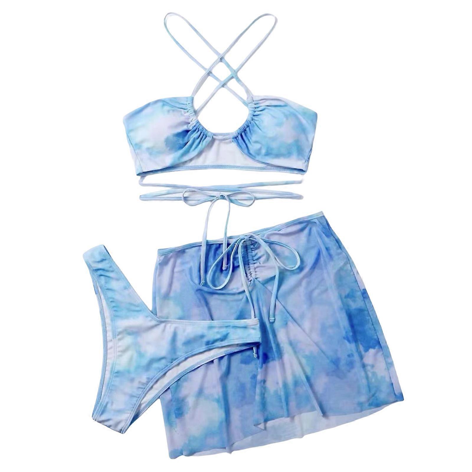 Femmes Criss Cross Maillot De Bain Halter Bikinis Ensemble Maillot De Bain 3 Pièces Avec Jupe De Plage Mode Tie Dye Maillots De Bain Vêtements De Plage Bleu Royal S