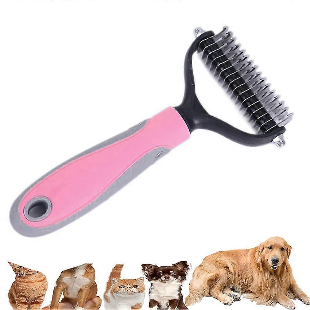 Dog Grooming Rake Brush, Double Sided Shedding and Dematting Undercoat Rake Comb (Pink)