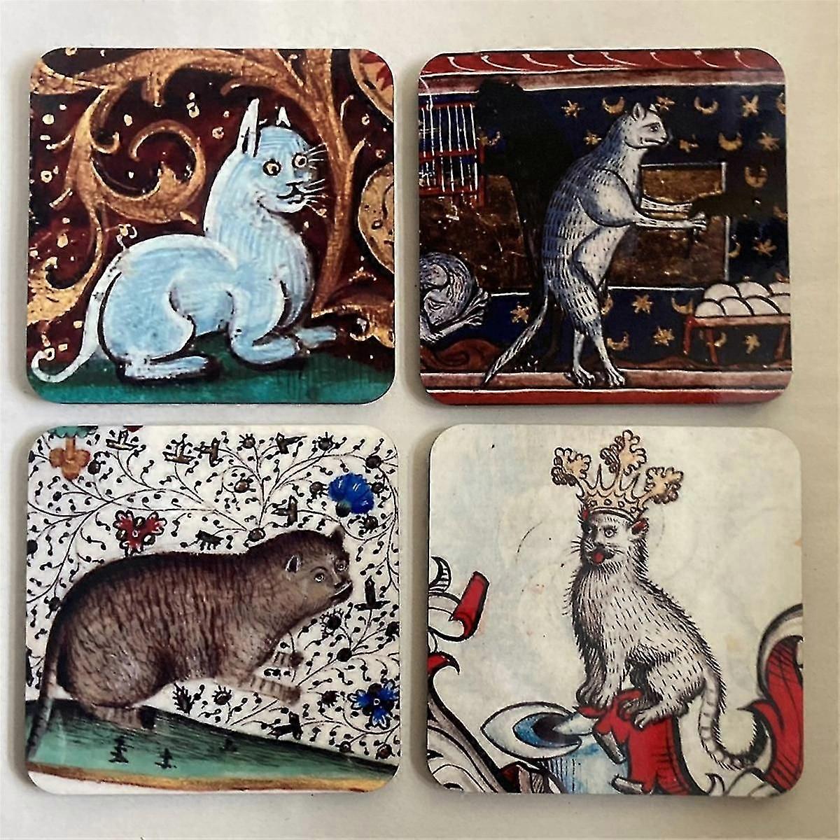 4Pcs Medieval Cat Pattern Round Coasters, Wooden, For Drinks & Table Decor