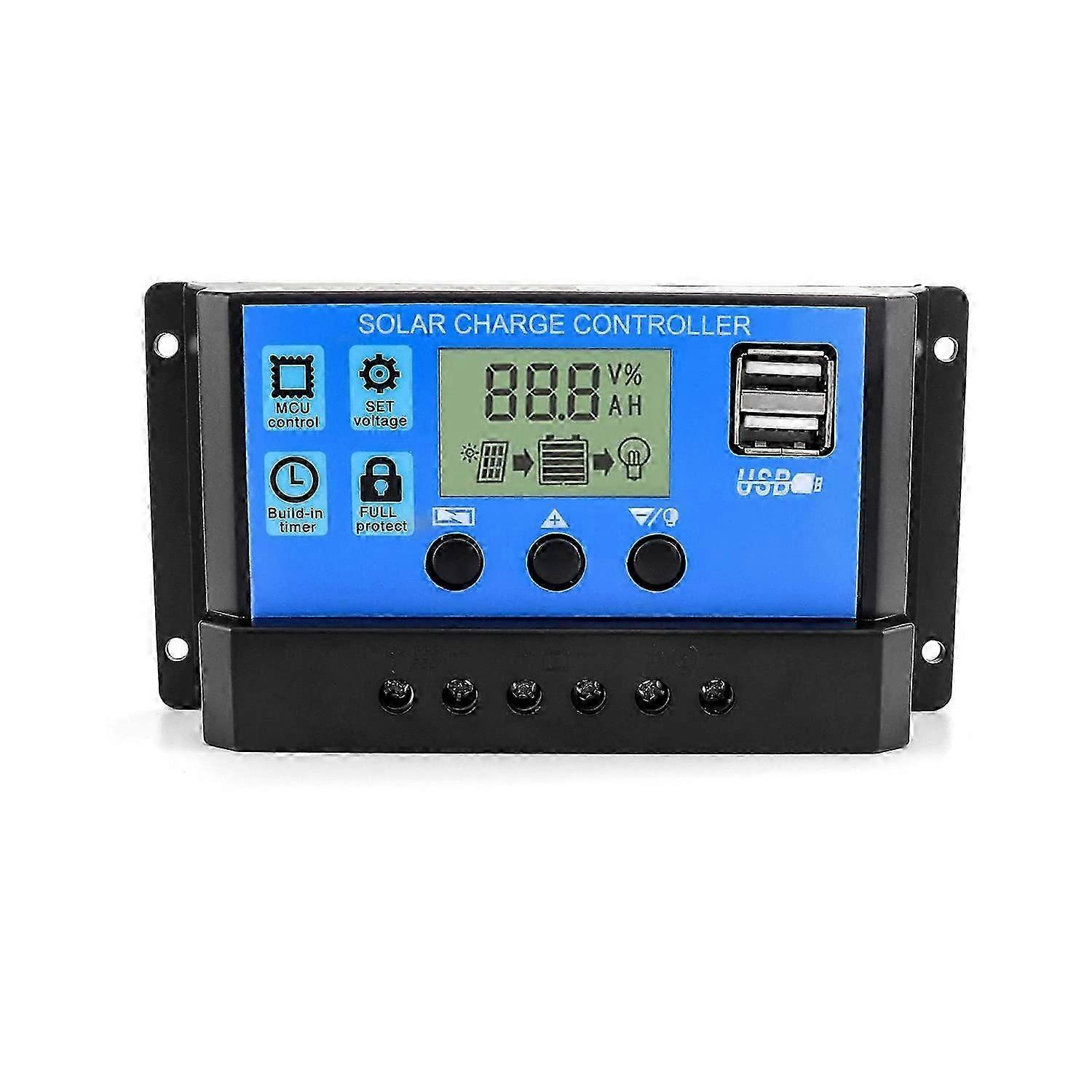 Solar Charge Controller, 30A 12V/24V Solar Panel Battery Intelligent Regulator with 5V Dual USB Port Light Timer Control LCD Display(1pc)
