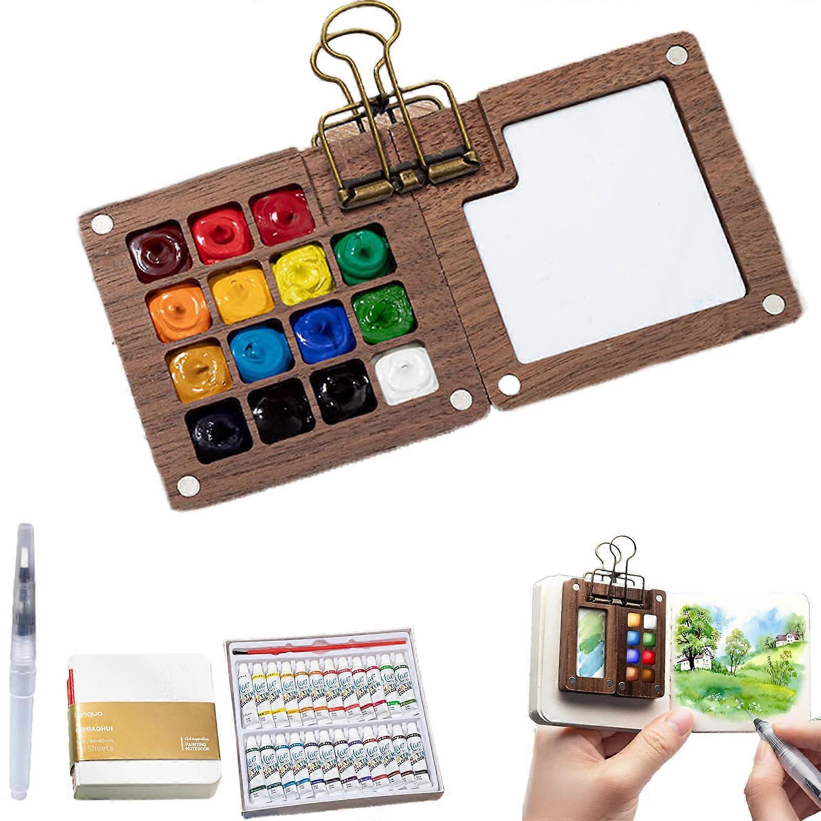 NanoPalette Mini Watercolor Paint Set, Sketchbook Wooden Palette Box (Walnut 15 Grids)