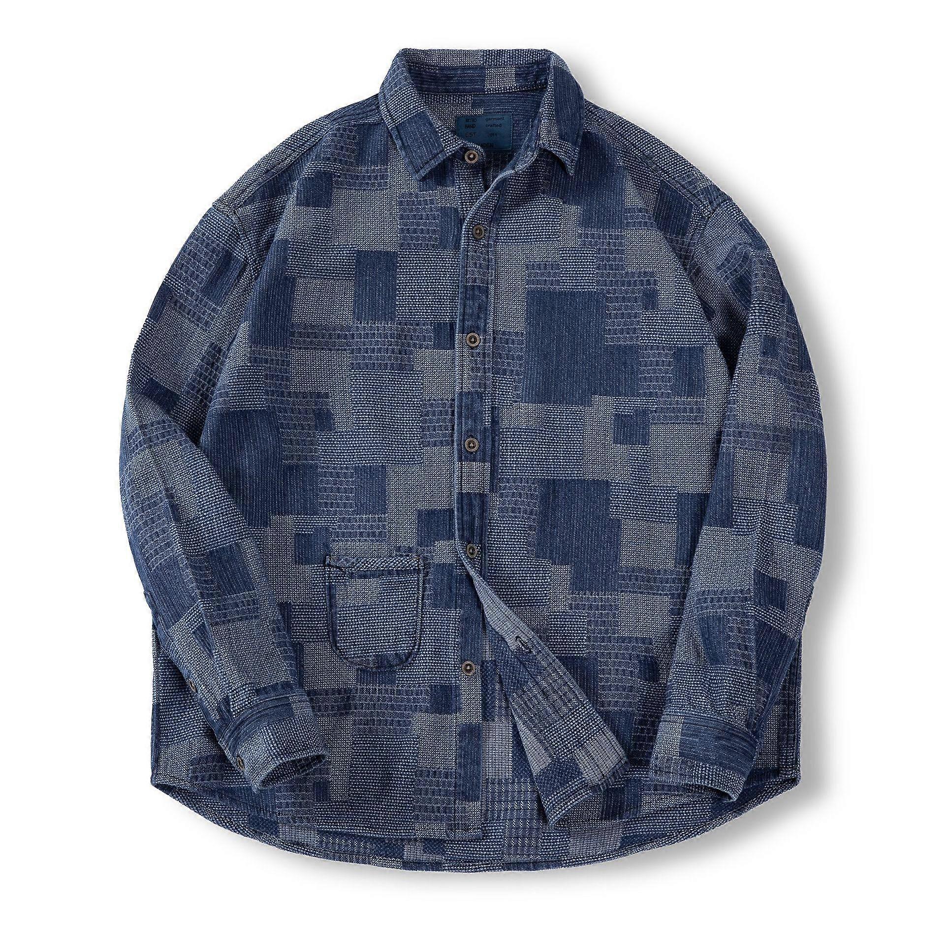 Jacquard Patchwork Long-Sleeve Button Retro Boro Denim Down Shirt Jacket Spring Outerwear Plus Size