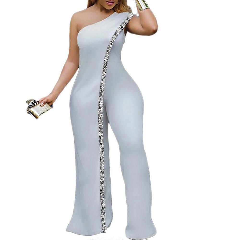 Chic One-shoulder Jumpsuits with Shimmering Trims, Perfect for Fashionable Plus-size Women