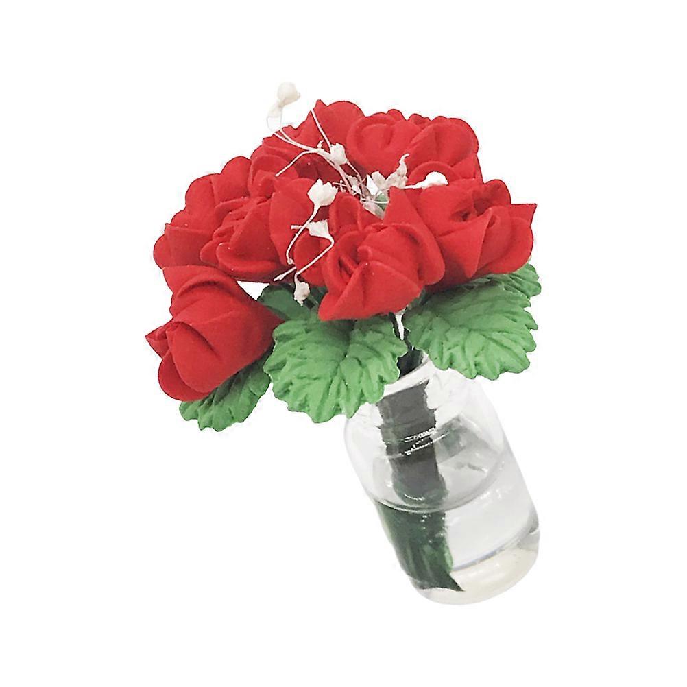 Potted Rose Decoration Simulated Rose For Home Decoration Red Resin Mini Model 1Pack