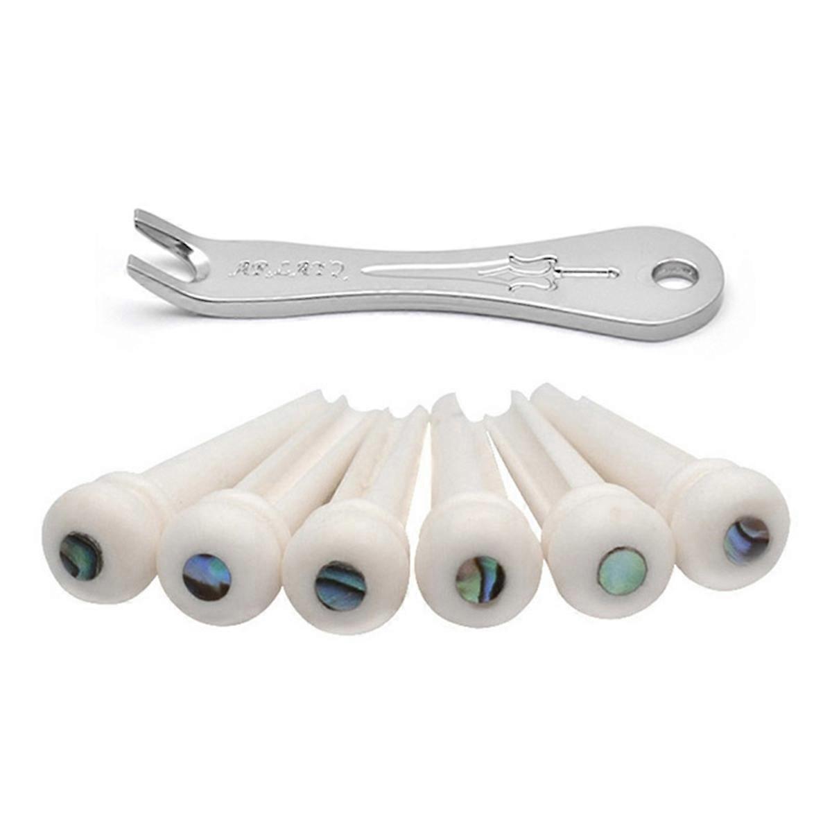 6PCS Cattle Bone Guitar Bridge Pins W/ Pin Puller for Acoustic Guitar