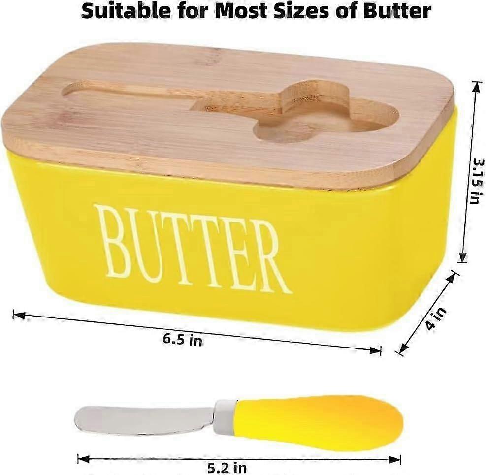 Ceramic Butter Dish with Lid and Knife Porcelain Butter Container with Butter Cutter (Yellow)