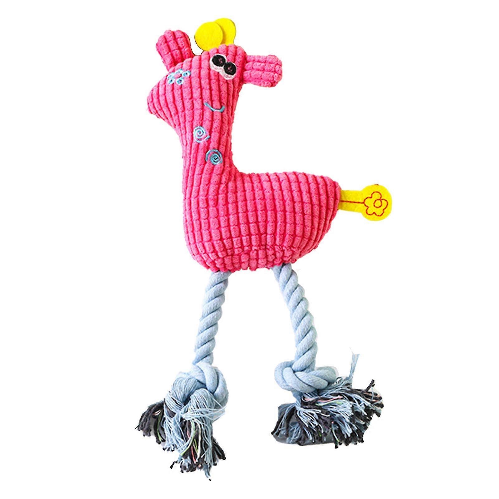 Pet Plush Chew Toy Teeth Cleaning Bite Resistant Deer Shape Squeaky Cat Dog Chewing Toy with Cotton Rope Rose Red
