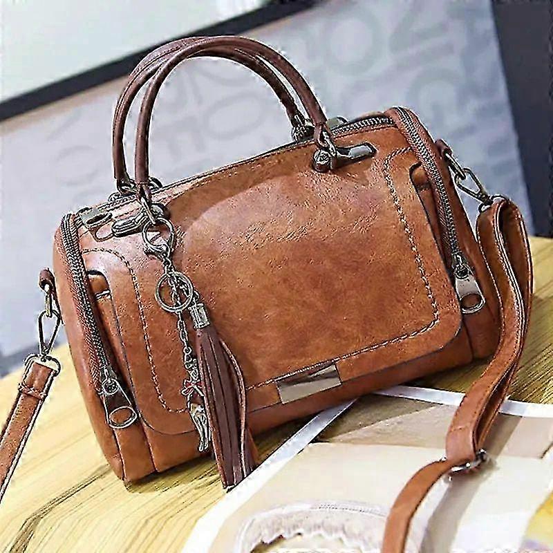 Large Tassel Shoulder Bag with Zipper Closure, Boston Style Crossbody Bag with Detachable Strap