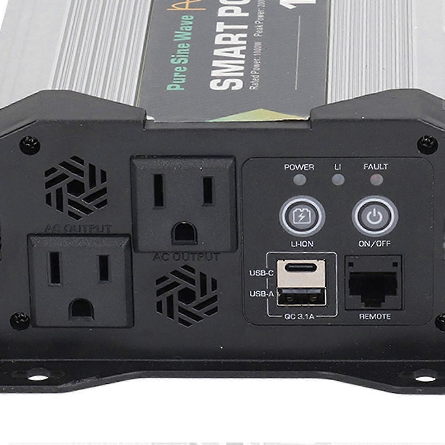 DC12V to AC110V Pure Sine Wave Solar Inverter Charger with Type C USB Port Dual AC Socket for Phone Computer Fan 1000W