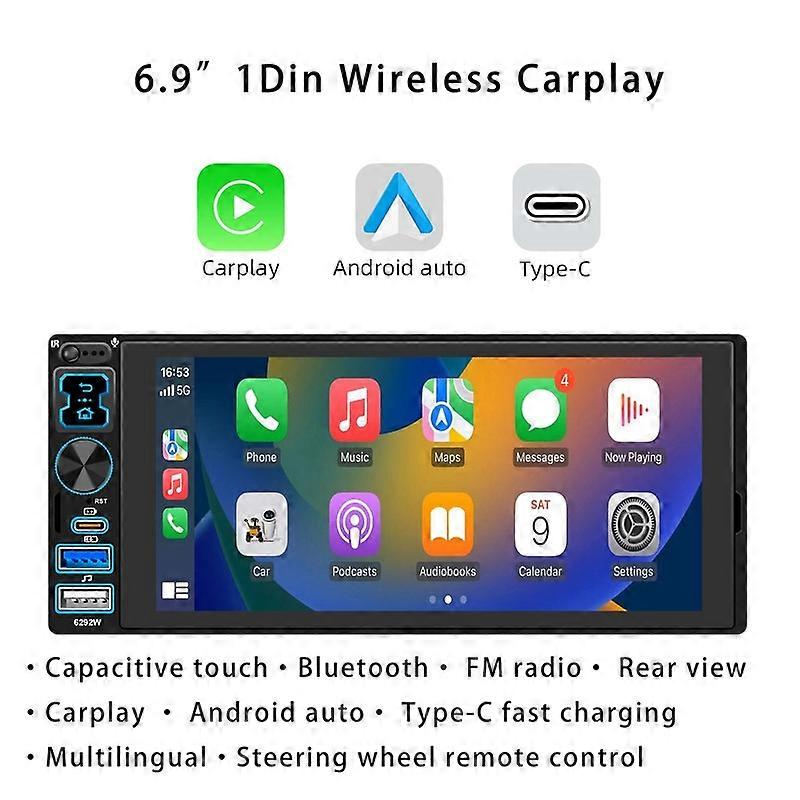 6.9" Single DIN Car Stereo Radio Wireless CarPlay Bluetooth 5.2 Android Auto IPS 1280 * 480 FM Radio