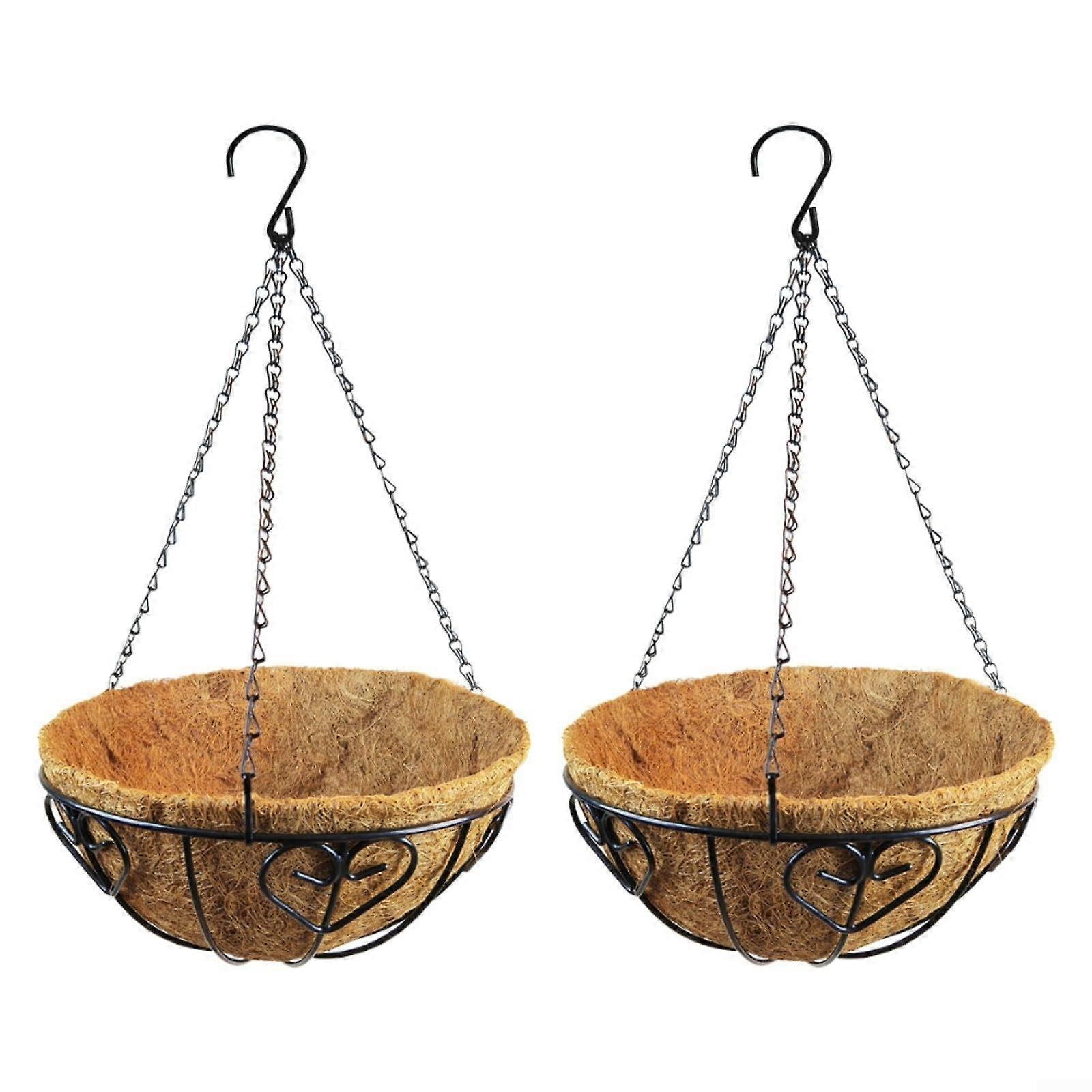 2 hanging flower baskets with natural coconut fiber, stylish iron planters for flowers and vines in house and garden (30.5 cm) 30.48 cm