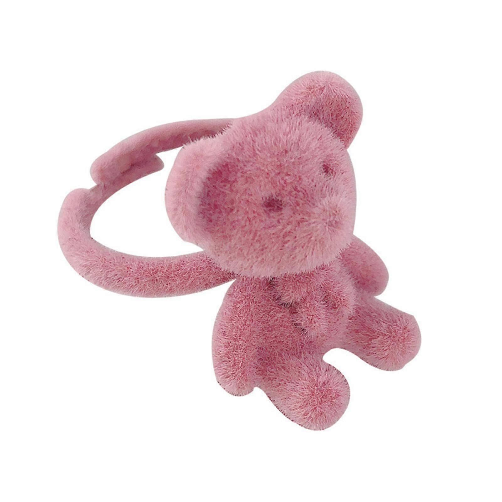 Women's Adjustable Bear Rings Cute Animal Fabric Open Cuff Gift Pink