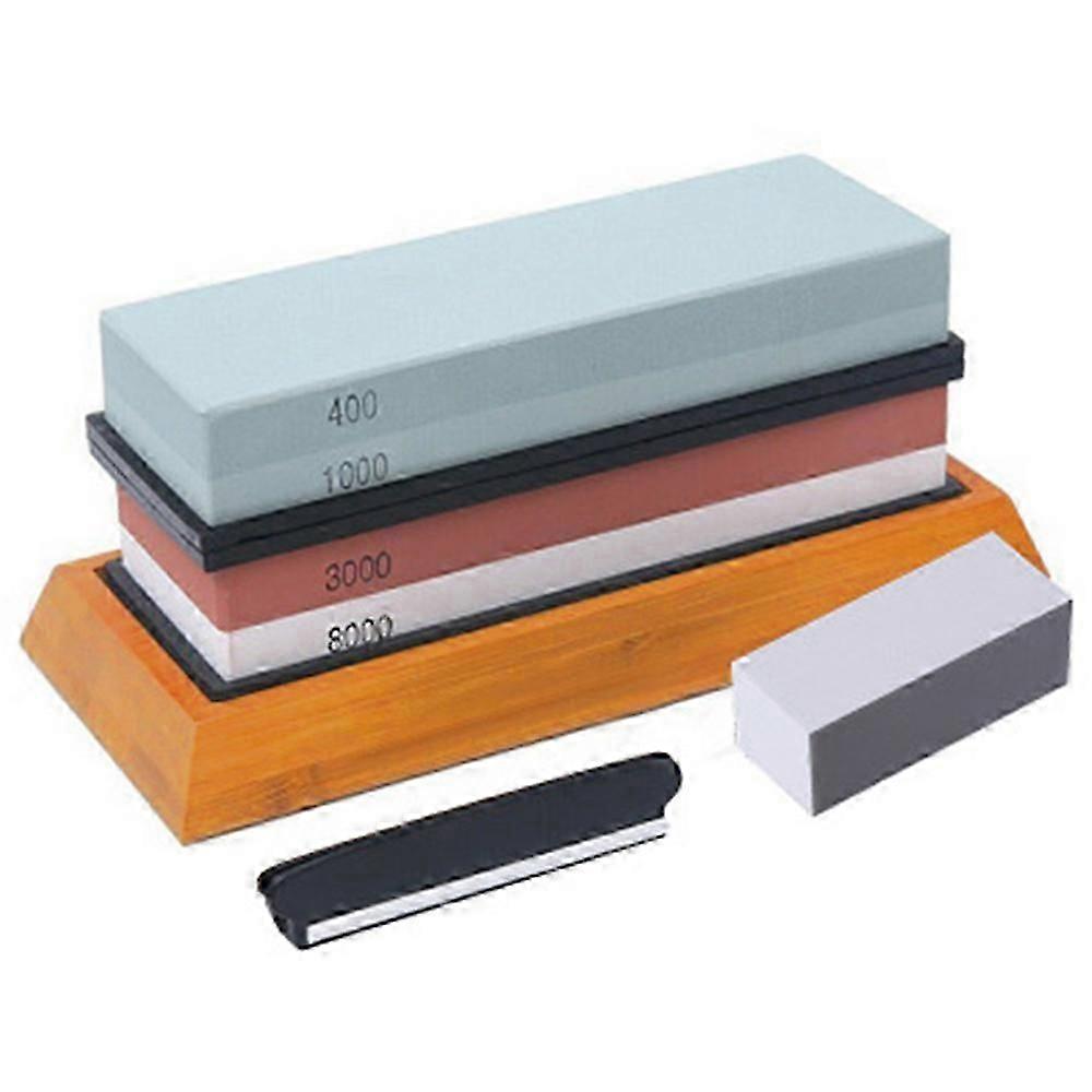 Knife Sharpening Stone Kit, 4 Side Grit 400/1000 3000/8000 Water Stone, Non-slip Bamboo Base, Flatting Stone, Angle Guide and Leather Strop