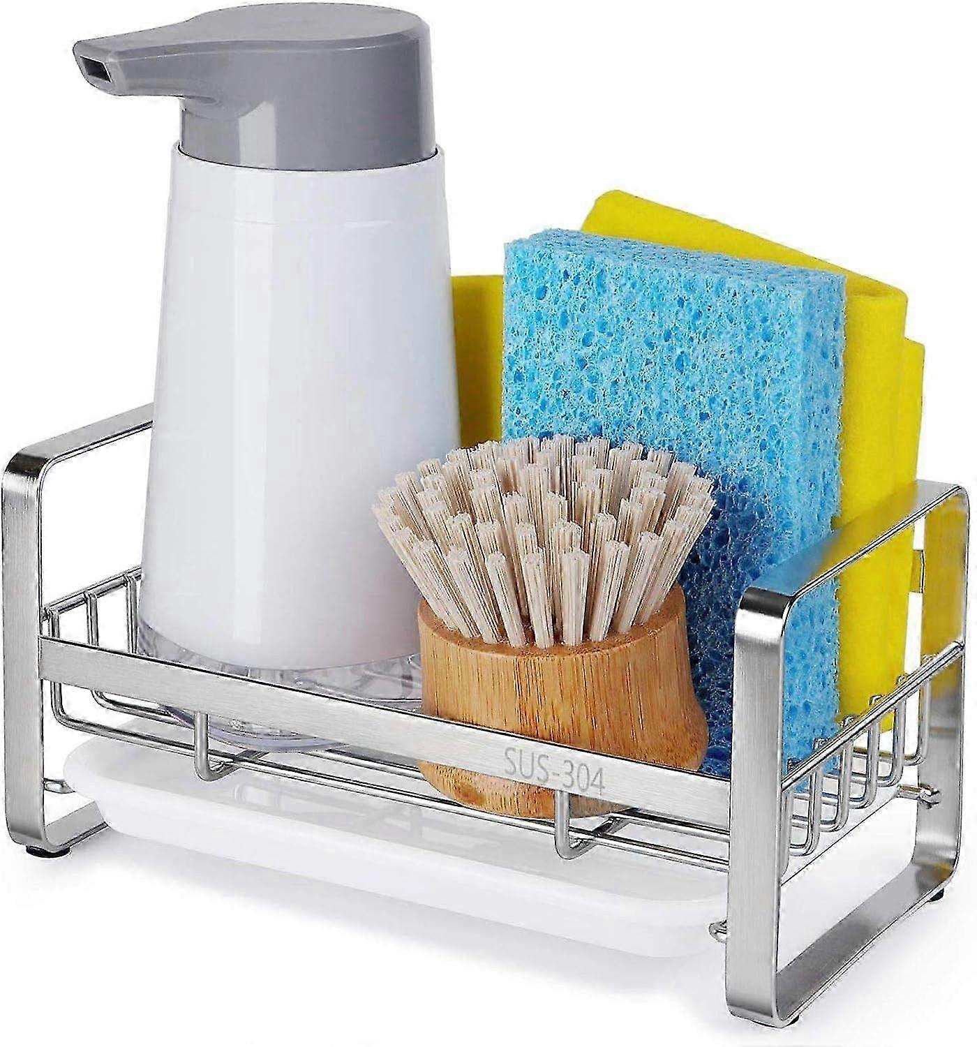 Stainless Steel Kitchen Sink Sponge Rack & Soap Dispenser Organizer with Removable Drain Tray - Space-Saving Storage Solution
