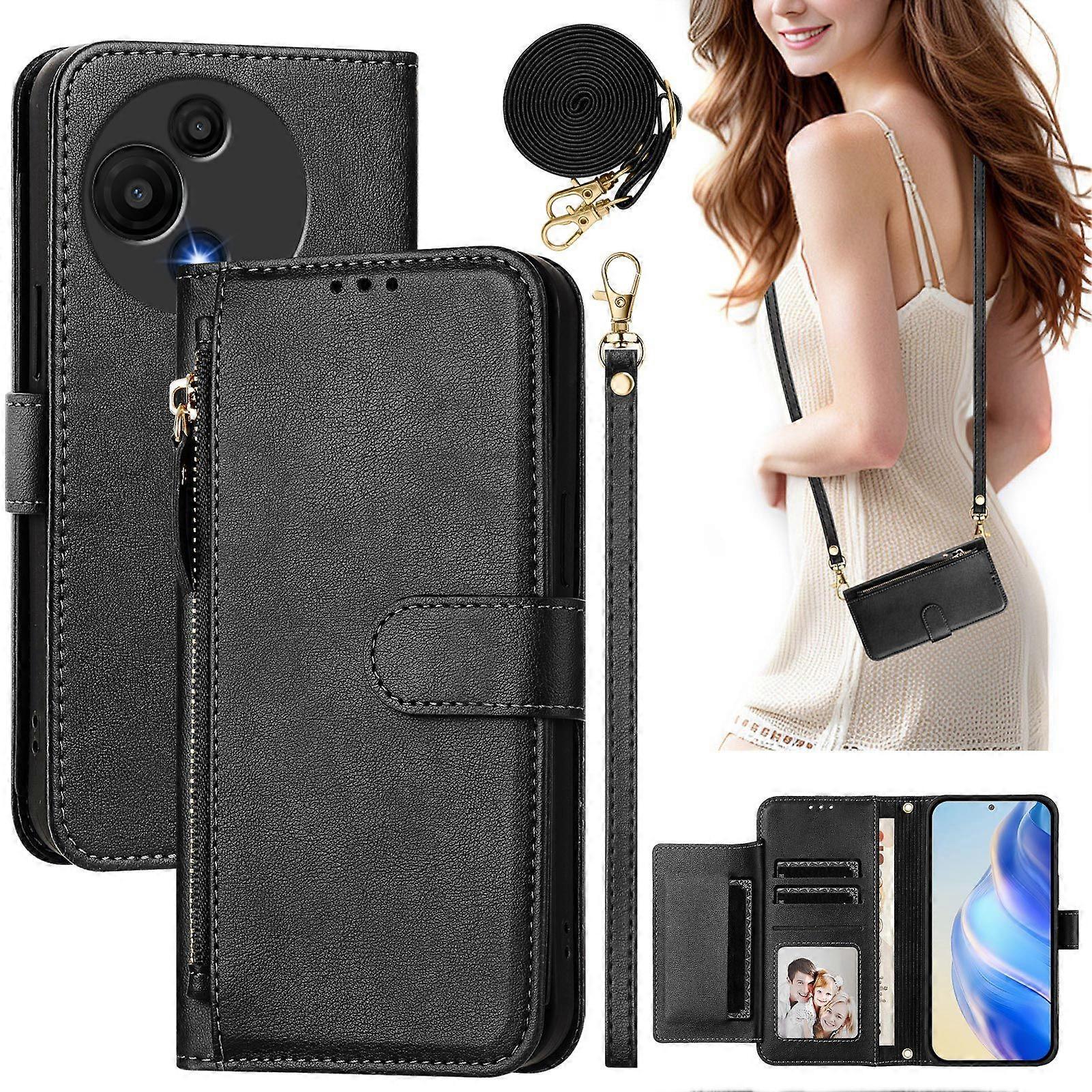 Flip Case for TCL 605/TCL 60SE Protection Soft PU Leather Zipper Wallet Cover with Card Holder and Long Strap Compatible with TCL 605/TCL 60SE