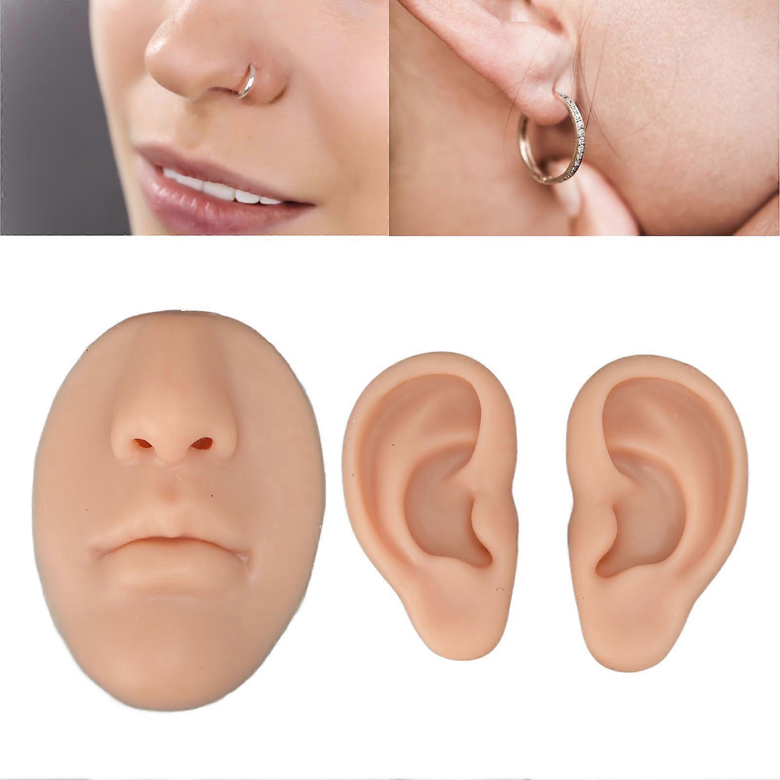 Silicone Ear Model Novice Simulated 3D Nose and Mouth Model Display Prop Teaching Tool for Piercing Practice Medium Skin Color 
