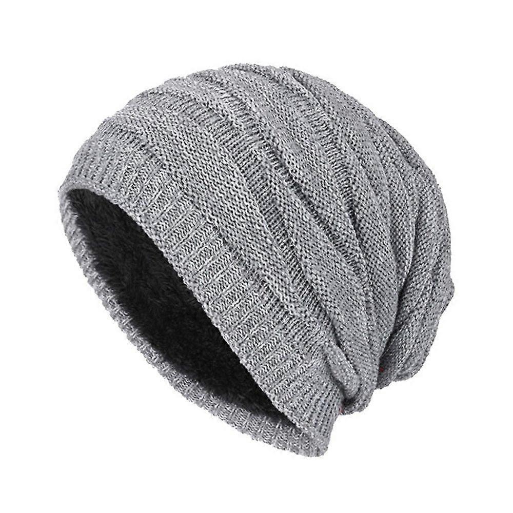 Fleece Lined Cable Knitted Winter Hat Womens Beanie One Size Gray Merino Wool