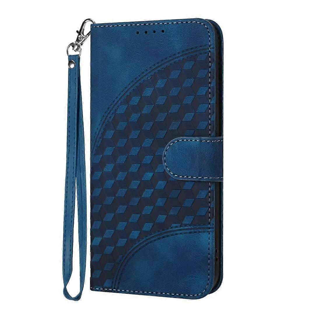 Embossed Lattice Shockproof PU Leather Silicone Bumper Credit Card Holder Folio Magnetic Closure Blue Case for iPhone 16