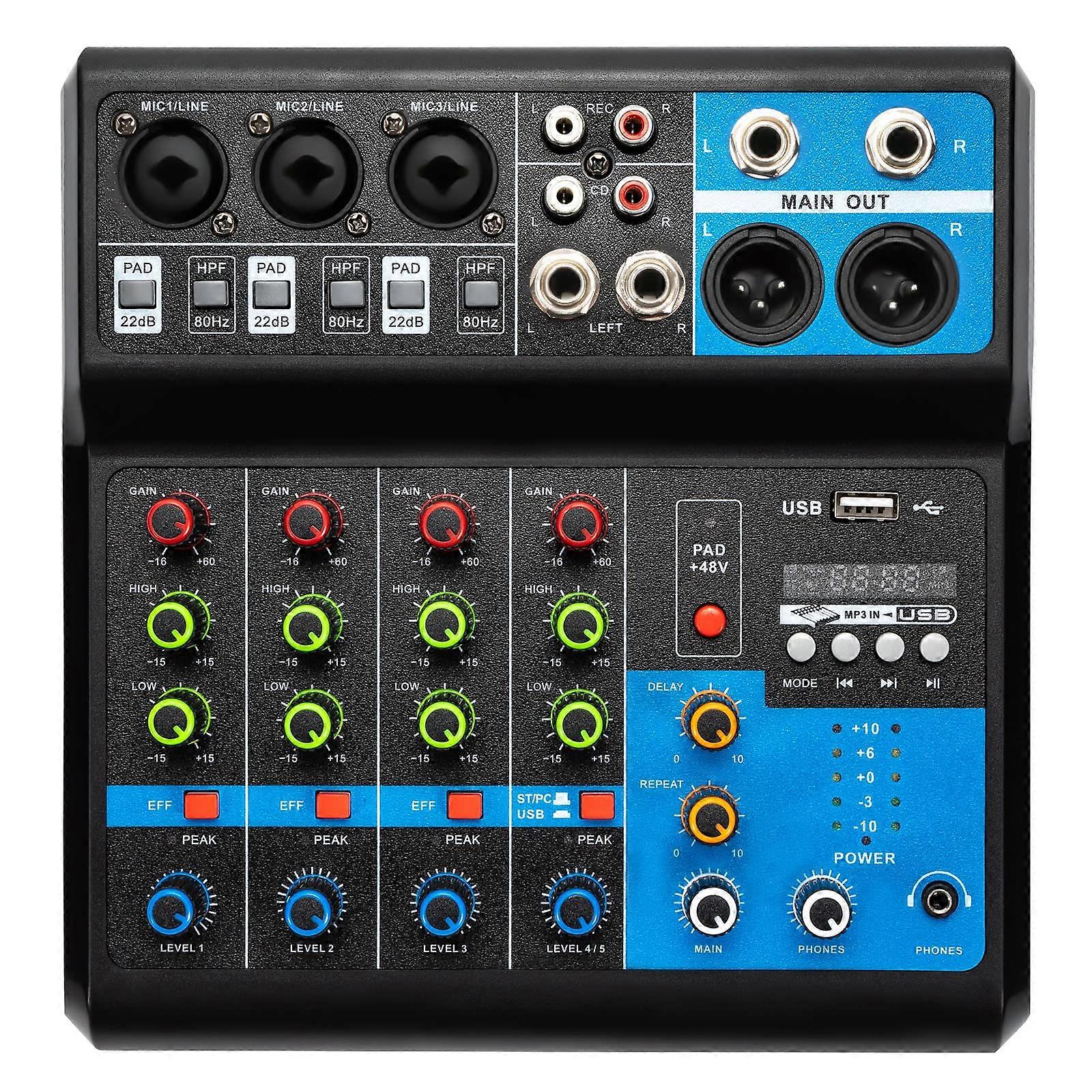5 Channel Mixer DJ Mixer Bluetooth/USB Playback Stereo Input and Output 48 V Phantom Power Mini Audio Mixer