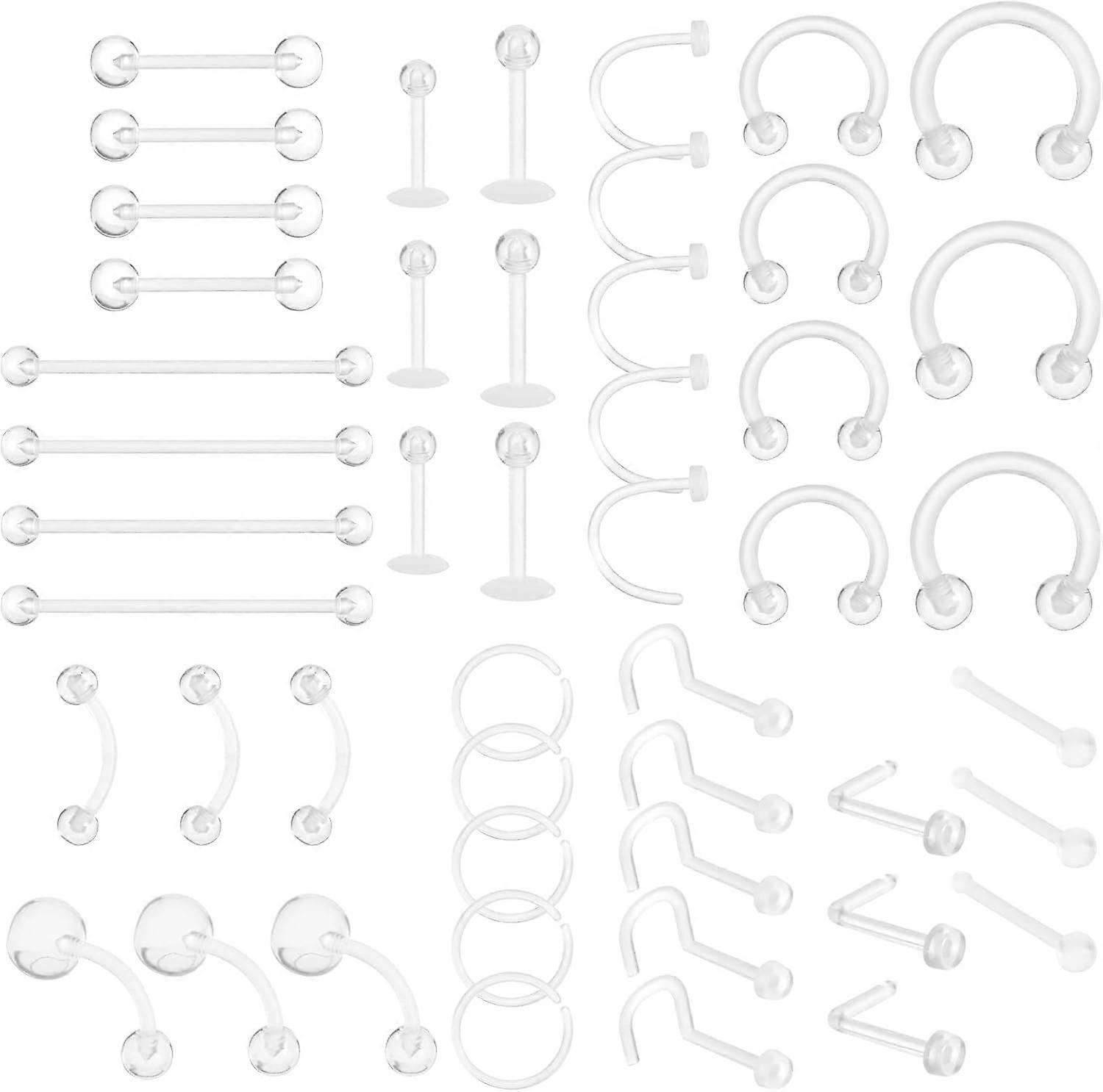 48 Pack Clear Piercing Retainer Kit - BPA-Free Flexible Plastic Retainers for